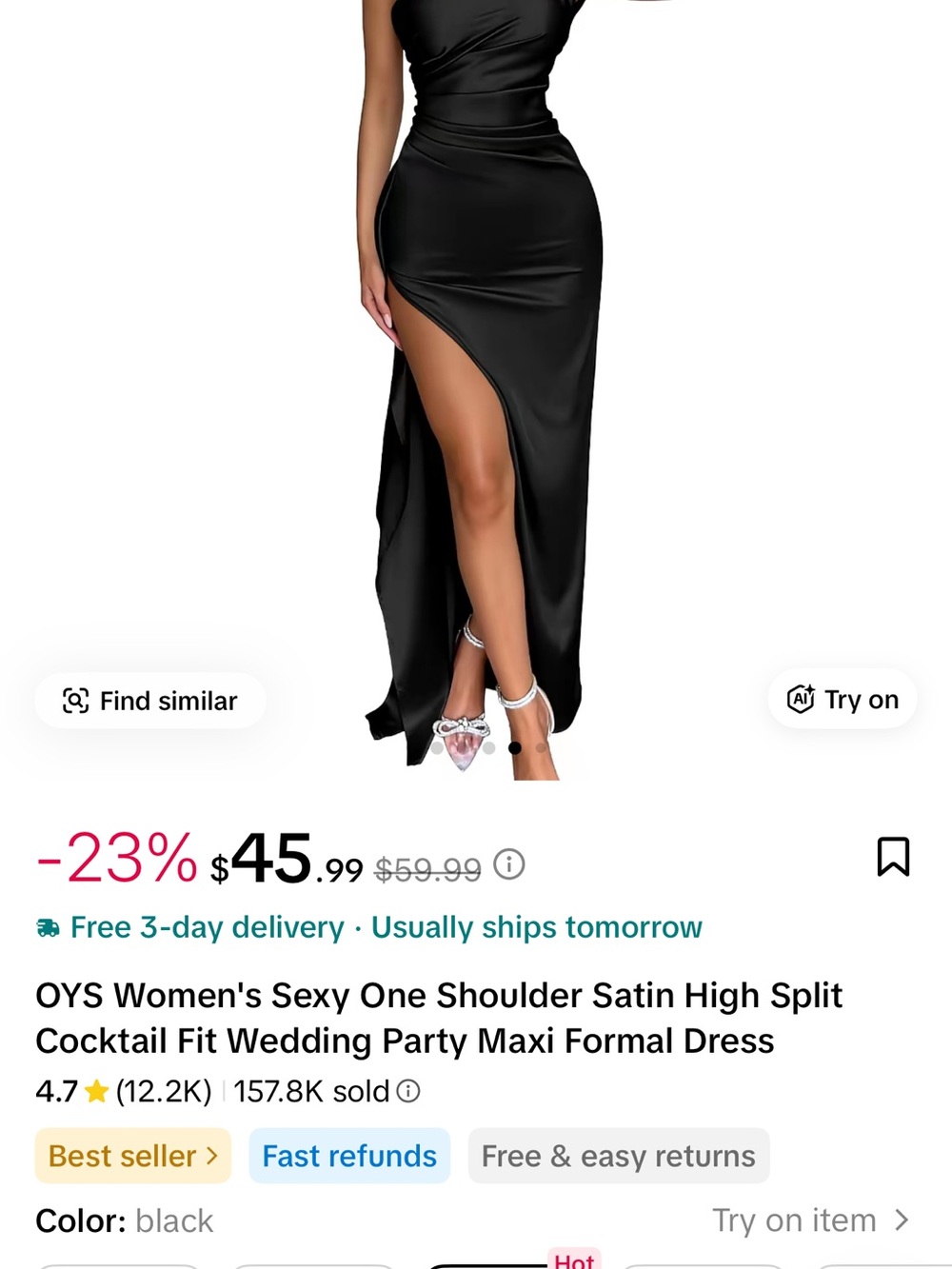 Women's Sexy One-Shoulder Satin High-Slit Dress - Black